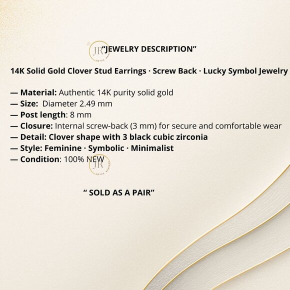 14K Solid Gold Clover Stud Earrings · Screw Back · Lucky Symbol Jewelry. - Picture 8 of 8